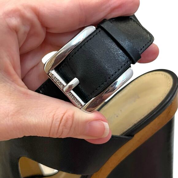 Michael Kors Josephine Wedge Sandals Size 7M Black Leather Wood Look Open Toe - Picture 10 of 12